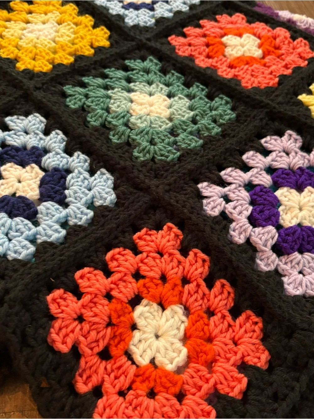 Handmade Multicolor Crochet Granny Square Throw Blanket with Black Border